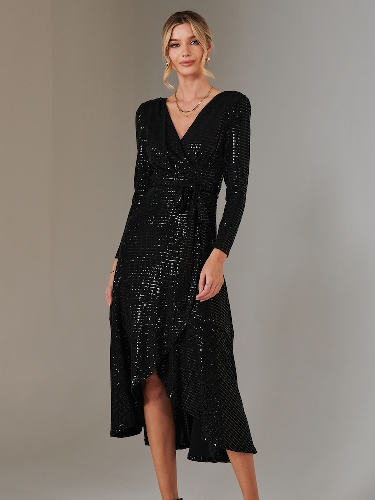 Jolie Moi Black Long Sleeve Metallic Spot Maxi Dress - Image 1 of 4