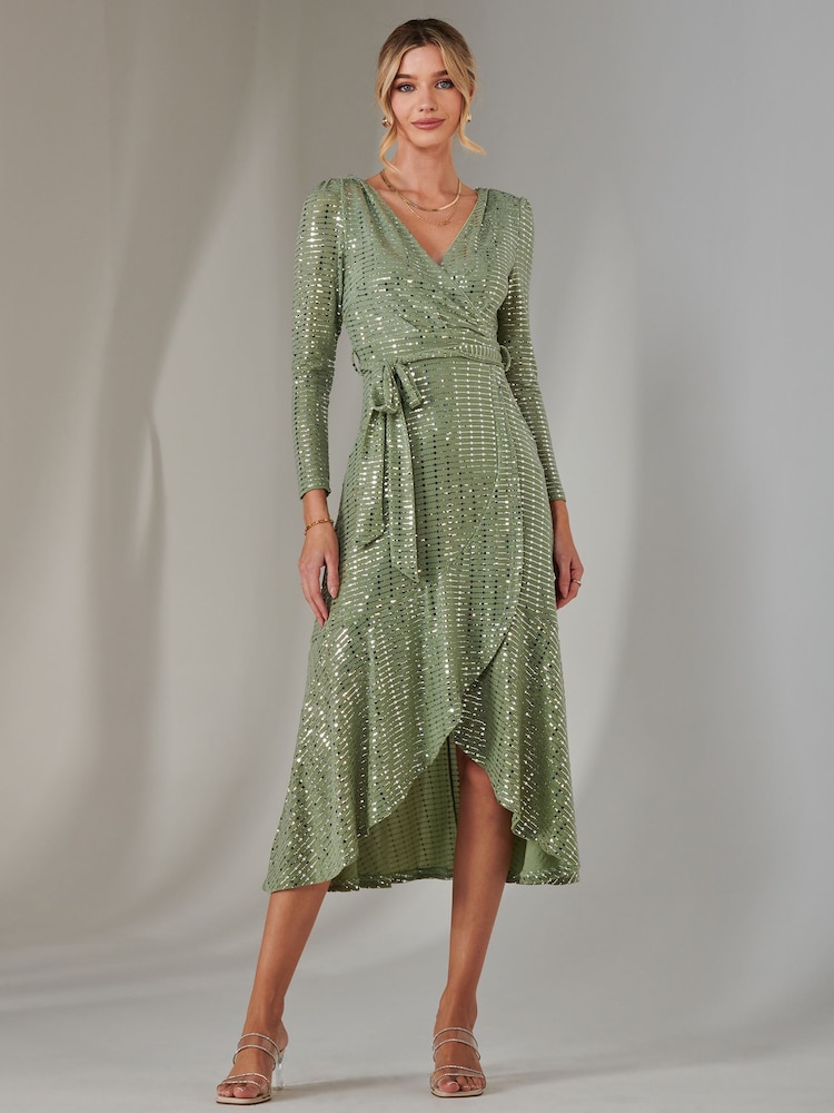 Jolie Moi Green Long Sleeve Metallic Spot Maxi Dress - Image 1 of 6