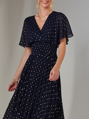 Jolie Moi Blue Metallic Spot Chiffon Pleated Dress - Image 3 of 6