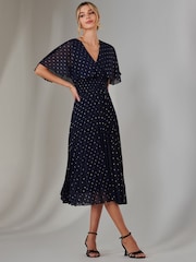 Jolie Moi Blue Metallic Spot Chiffon Pleated Dress - Image 4 of 6