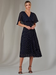 Jolie Moi Blue Metallic Spot Chiffon Pleated Dress - Image 5 of 6