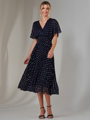 Jolie Moi Blue Metallic Spot Chiffon Pleated Dress - Image 6 of 6