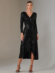 Jolie Moi Charcoal Black Long Sleeve Metallic Spot Maxi Dress - Image 1 of 6