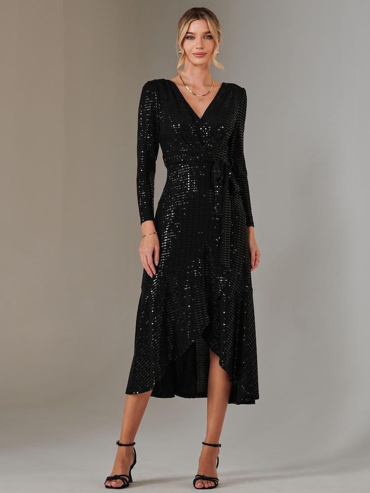 Jolie Moi Charcoal Black Long Sleeve Metallic Spot Maxi Dress - Image 1 of 6