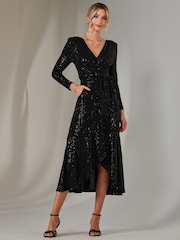Jolie Moi Charcoal Black Long Sleeve Metallic Spot Maxi Dress - Image 5 of 6