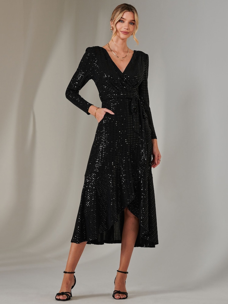 Jolie Moi Charcoal Black Long Sleeve Metallic Spot Maxi Dress - Image 5 of 6