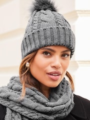 Lipsy Grey Cosy Cable Pom Beanie Hat With Wool - Image 1 of 3