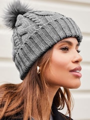 Lipsy Grey Cosy Cable Pom Beanie Hat With Wool - Image 2 of 3
