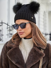 Lipsy Black Cosy Ribbed Double Pom Beanie Hat - Image 1 of 4