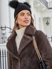 Lipsy Black Cosy Ribbed Double Pom Beanie Hat - Image 2 of 4