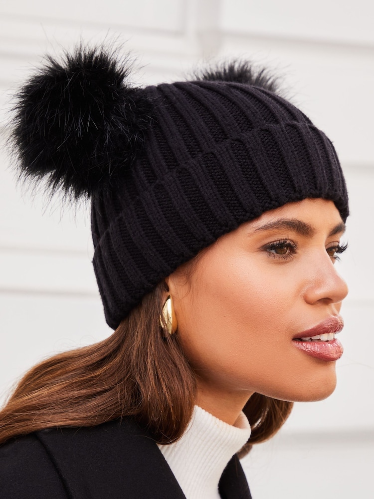 Lipsy Black Cosy Ribbed Double Pom Beanie Hat - Image 4 of 4