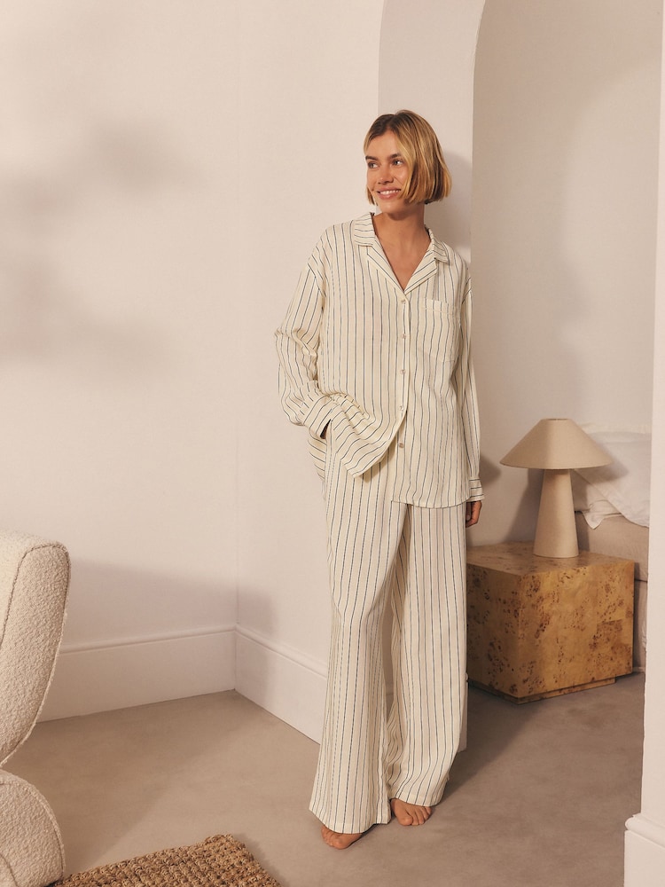 Black/White Stripe Linen Blend Button Through Pyjamas - Image 1 of 10 Black/White Stripe Linen Blend Button Through Pyjamas - Image 1 of 10