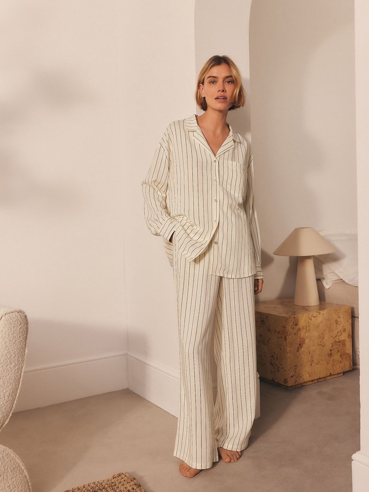 Black/White Stripe Linen Blend Button Through Pyjamas - Image 2 of 10 Black/White Stripe Linen Blend Button Through Pyjamas - Image 2 of 10