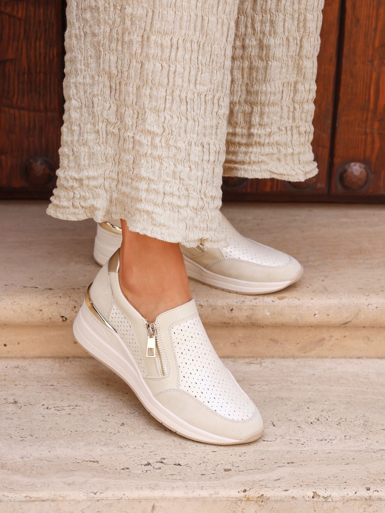 Linzi Cream Madison Slip On Platform Trainer With Zipper Details - Image 1 of 5
