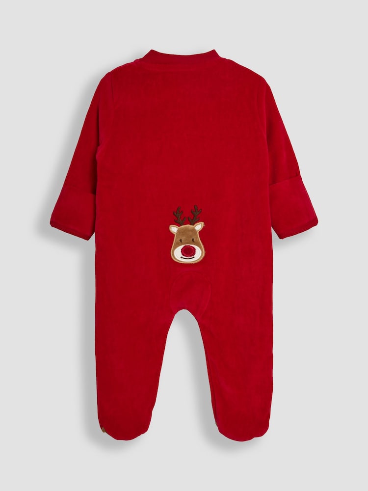 JoJo Maman Bébé Red Reindeer Reindeer Appliqué 100% Cotton Sleepsuit - Image 1 of 2