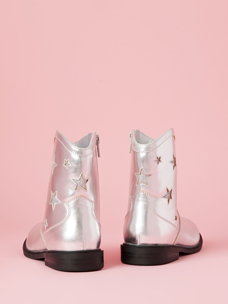 Lipsy Silver Star Flat Faux Leather Western Ankle Boots - Image 2 of 5