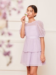 Lipsy Lilac Purple Lace Puff Sleeve Occasion Dress (2-16yrs) - Image 1 of 4
