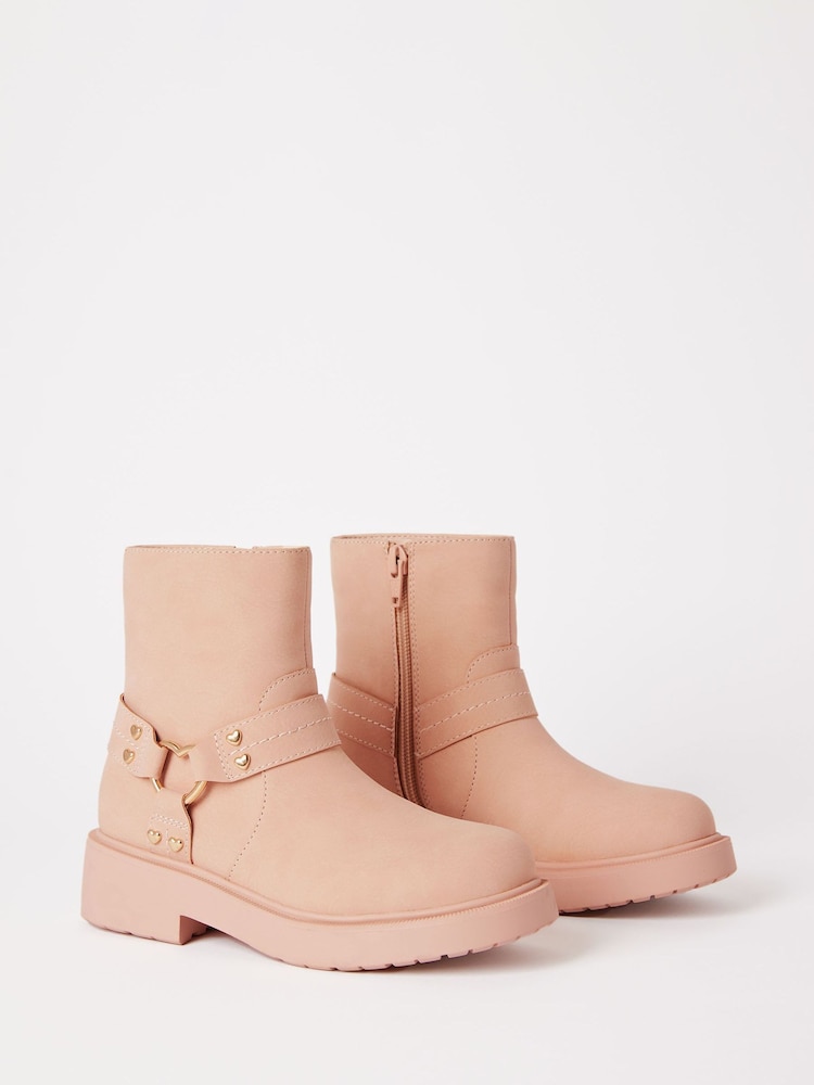 Lipsy Pink Heart Buckle Biker Faux Leather Flat Ankle Boots - Image 1 of 4