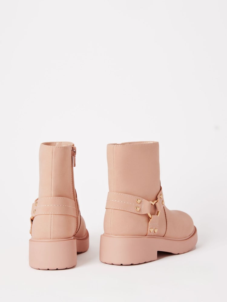 Lipsy Pink Heart Buckle Biker Faux Leather Flat Ankle Boots - Image 2 of 4