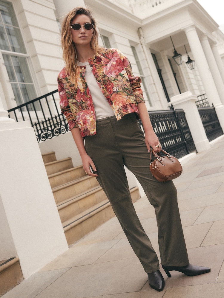 Khaki Green Suedette Straight Leg Trousers - Image 1 of 8