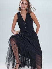 Black Pleated Mesh Tulle Maxi Skirt - Image 3 of 8