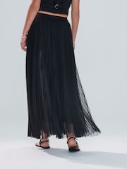 Black Pleated Mesh Tulle Maxi Skirt - Image 4 of 8