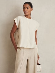 Reiss Cream Soleya Linen-Blend Cap-Sleeve T-Shirt - Image 1 of 5