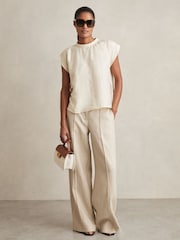 Reiss Cream Soleya Linen-Blend Cap-Sleeve T-Shirt - Image 3 of 5