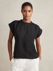 Reiss Black Soleya Linen-Blend Cap-Sleeve T-Shirt - Image 1 of 6