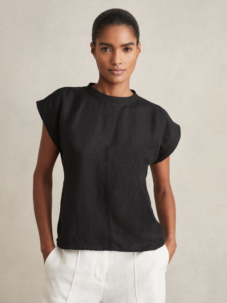 Reiss Black Soleya Linen-Blend Cap-Sleeve T-Shirt - Image 1 of 6