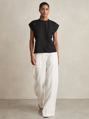 Reiss Black Soleya Linen-Blend Cap-Sleeve T-Shirt - Image 3 of 6
