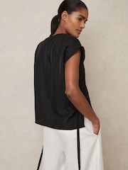 Reiss Black Soleya Linen-Blend Cap-Sleeve T-Shirt - Image 4 of 6