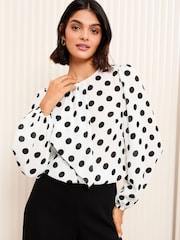 Friends Like These Monochrome Long Sleeve Ruffle Front Spot Blouse - Image 1 of 4