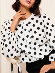 Friends Like These Monochrome Long Sleeve Ruffle Front Spot Blouse - Image 2 of 4