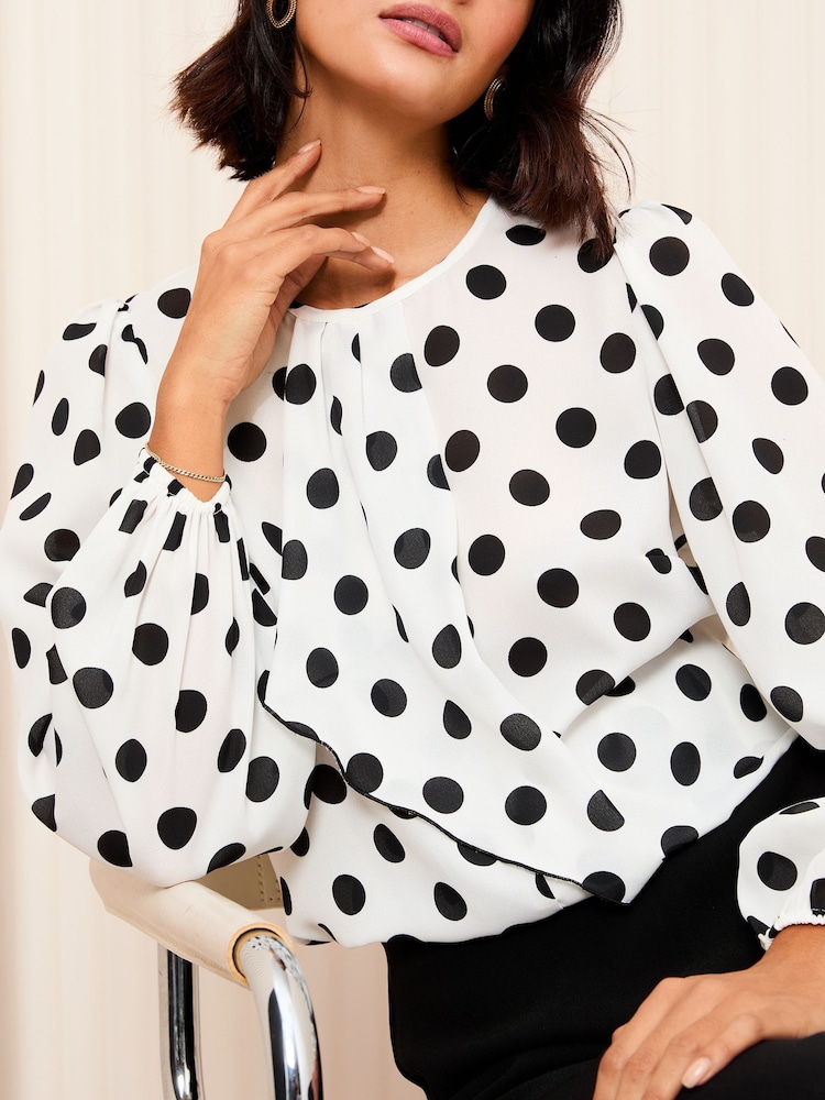 Friends Like These Monochrome Long Sleeve Ruffle Front Spot Blouse - Image 2 of 4