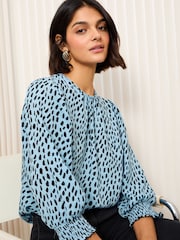 Friends Like These Blue Print Petite 3/4 Sleeve Shirred Cuff Blouse - Image 1 of 4