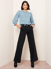 Friends Like These Blue Print Petite 3/4 Sleeve Shirred Cuff Blouse - Image 2 of 4