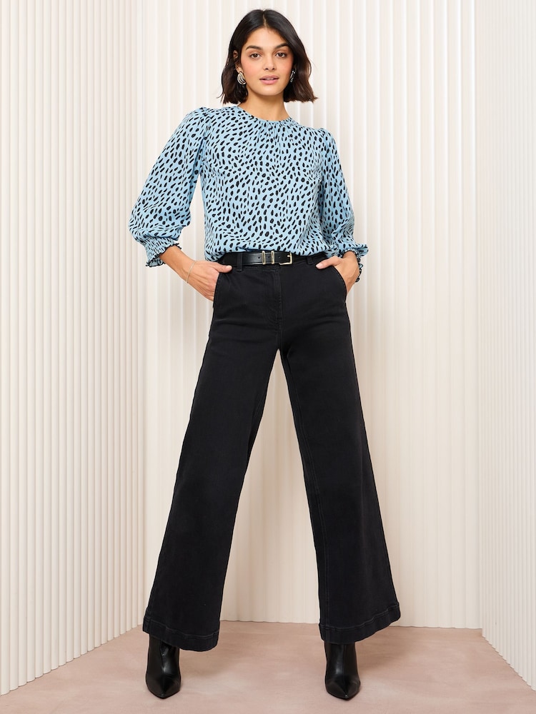 Friends Like These Blue Print Petite 3/4 Sleeve Shirred Cuff Blouse - Image 2 of 4