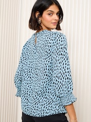 Friends Like These Blue Print Petite 3/4 Sleeve Shirred Cuff Blouse - Image 4 of 4