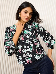 Friends Like These Floral Green 3/4 Sleeve Shirred Cuff Blouse - Image 2 of 4