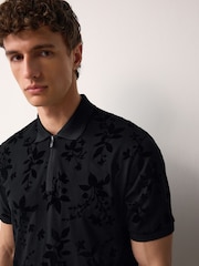 Black Floral Flocked Quarter Zip Polo Shirt - Image 1 of 8