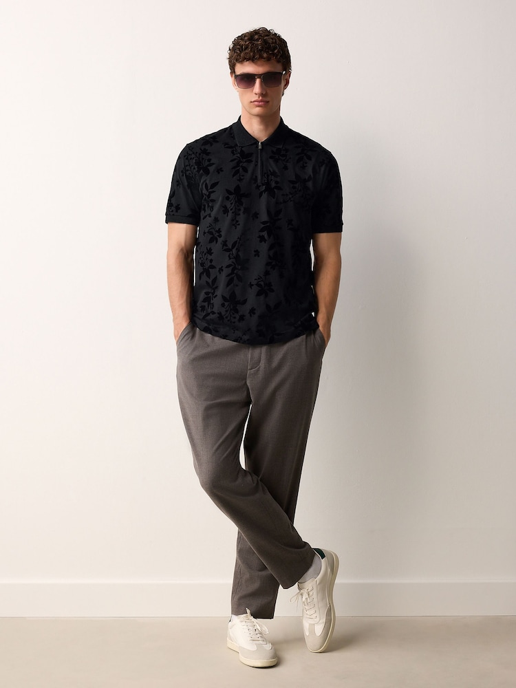 Black Floral Flocked Quarter Zip Polo Shirt - Image 2 of 8