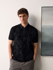 Black Floral Flocked Quarter Zip Polo Shirt - Image 3 of 8