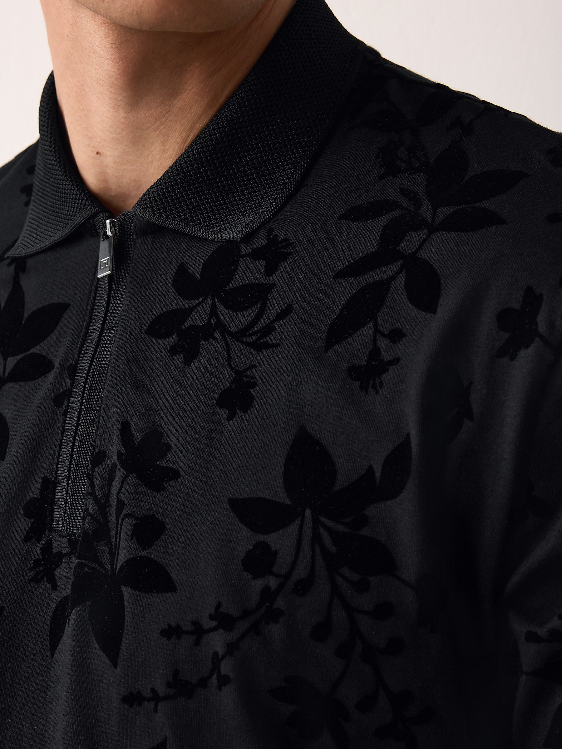 Buy Black Floral Flocked Quarter Zip Polo Shirt from Next USA