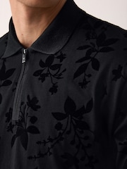 Black Floral Flocked Quarter Zip Polo Shirt - Image 5 of 8