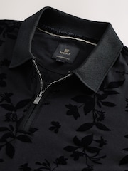 Black Floral Flocked Quarter Zip Polo Shirt - Image 8 of 8