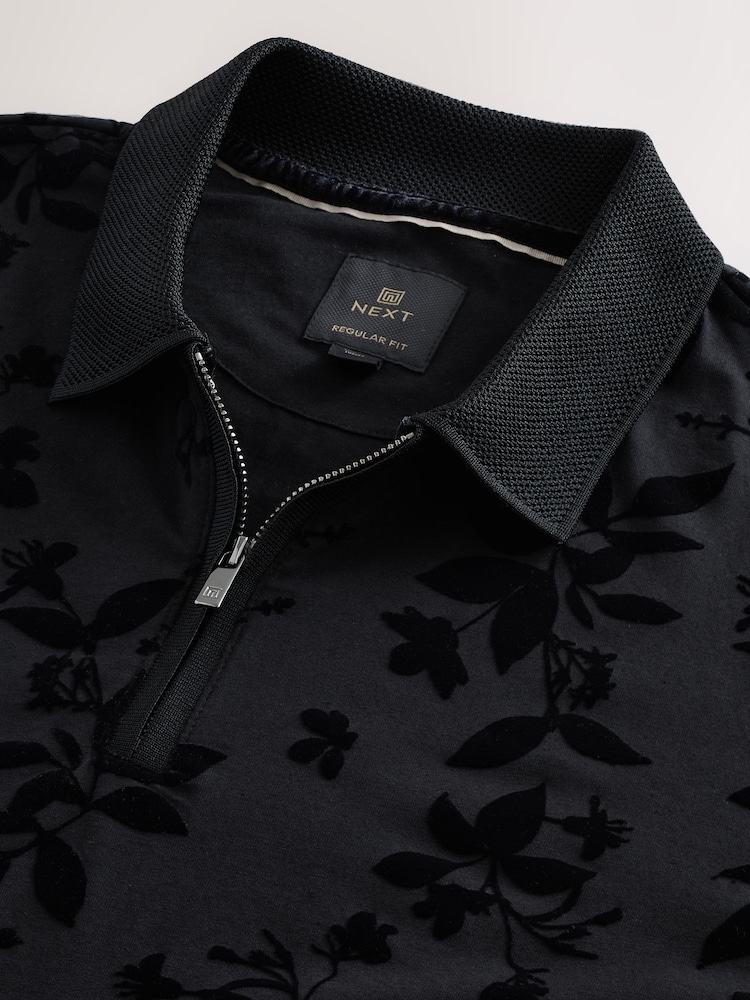 Black Floral Flocked Quarter Zip Polo Shirt - Image 8 of 8
