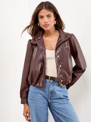 Lipsy Cherry Red Faux Leather Bubble Hem Funnel Neck Jacket - Image 1 of 4