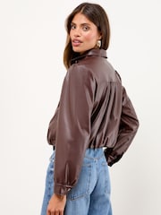 Lipsy Cherry Red Faux Leather Bubble Hem Funnel Neck Jacket - Image 2 of 4