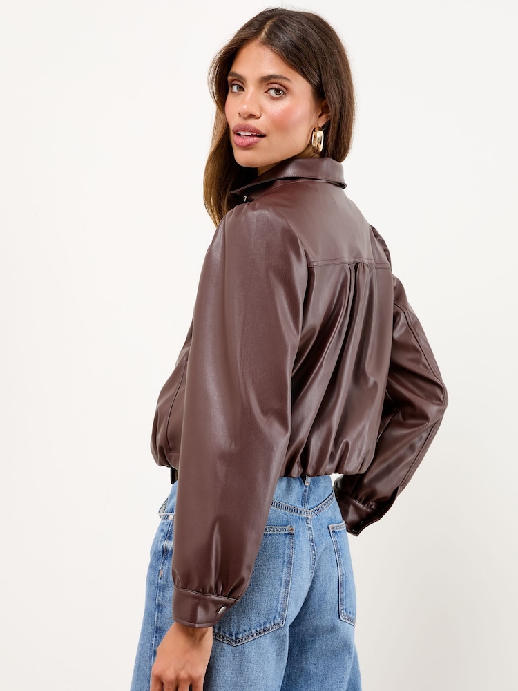 Lipsy Cherry Red Faux Leather Bubble Hem Funnel Neck Jacket - Image 2 of 4